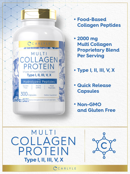 Carlyle Multi Collagen Protein Capsules 2000mg | 300 Count | Type I, II, III, V, X | Collagen Peptide Pills | Keto & Paleo Friendly