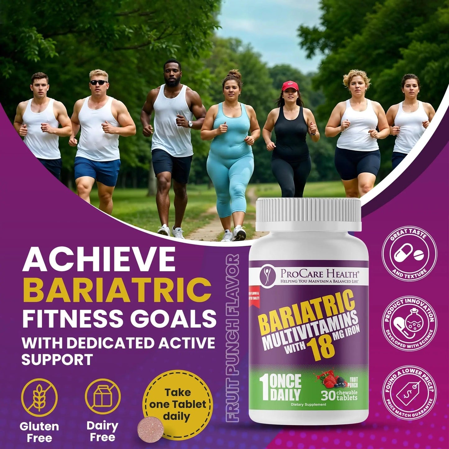 ProCare Health Bariatric Chewable Multivitamin with Iron 18mg (30 Tablets) - Fruit Punch Flavor Bariatric Multivitamin Chewable ProCare Health