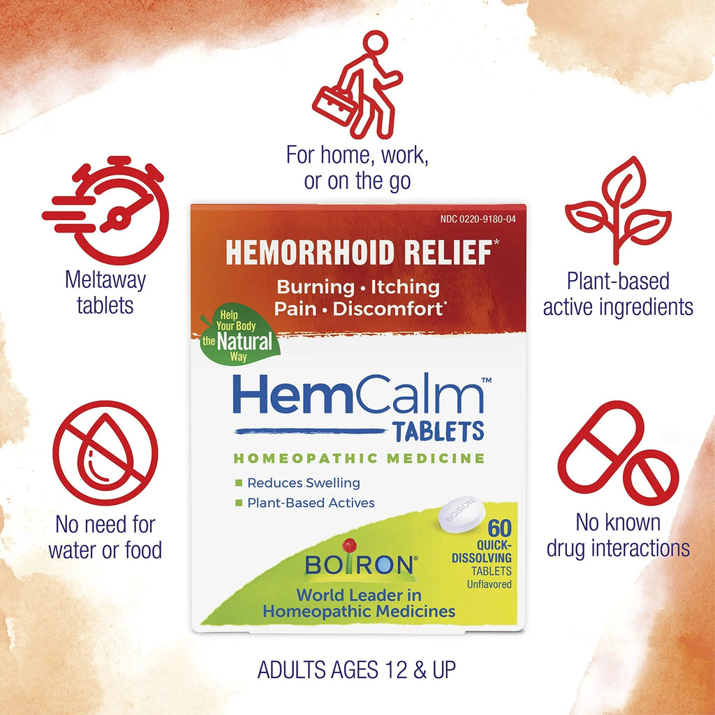 Boiron HemCalm Tablets for Hemorrhoid Relief of Pain, Itching, Swelling or Discomfort - 60 Count BoironBuy Supplements Australia