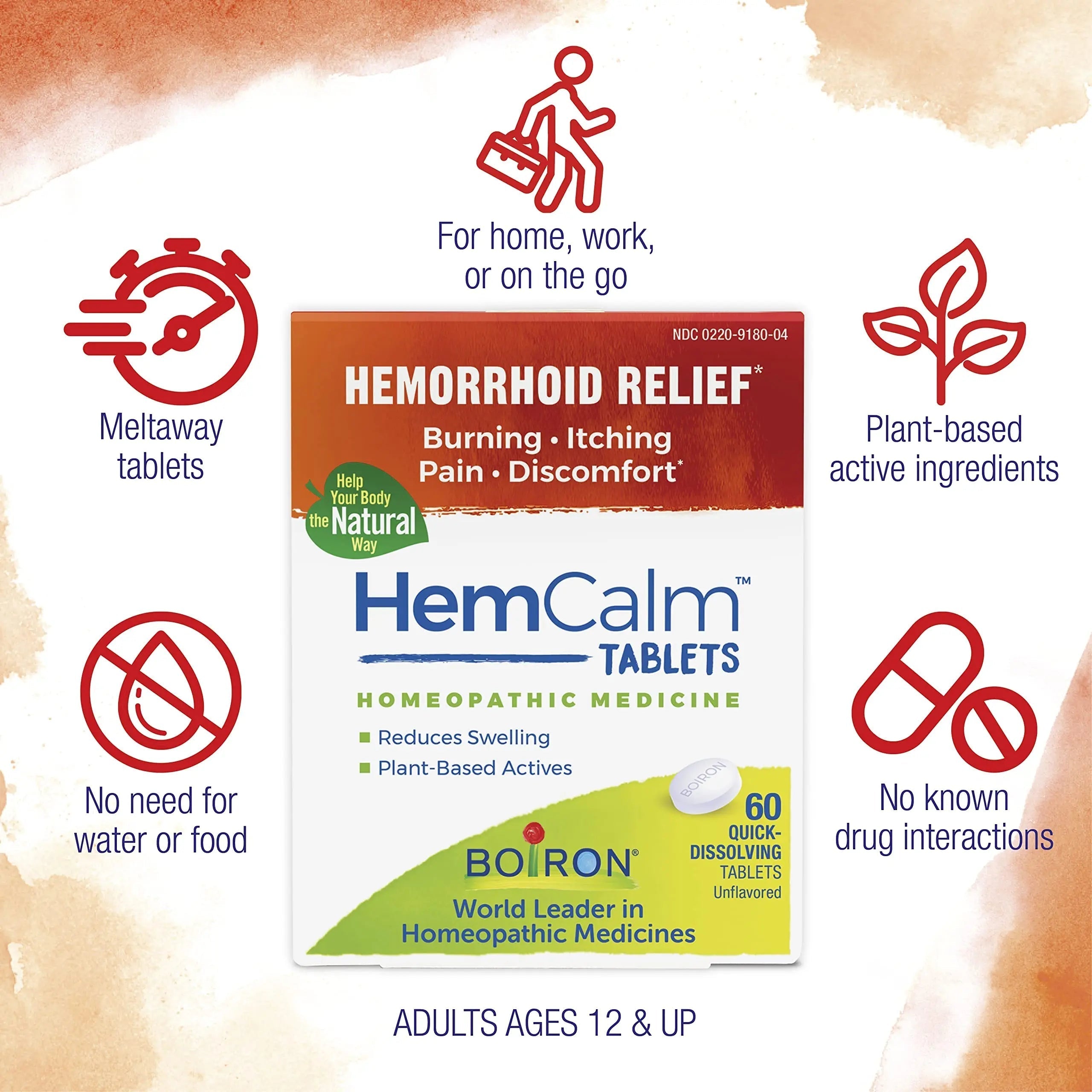 Boiron HemCalm Tablets for Hemorrhoid Relief of Pain, Itching, Swelling or Discomfort - 60 Count BoironBuy Supplements Australia