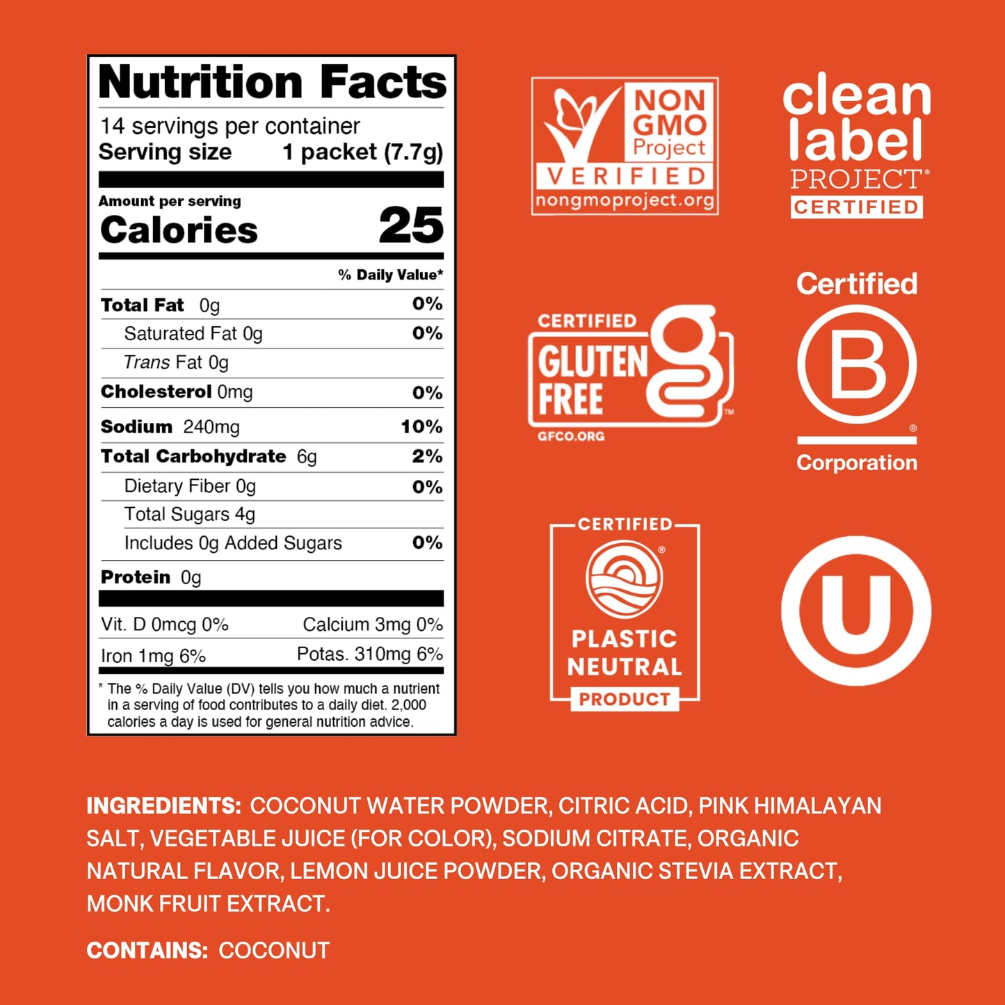 Cure Hydration | Plant-Based Electrolyte Drink Mix | No Added Sugar | FSA-HSA | Dehydration Relief Powder Made with Coconut Water | Non-GMO | Vegan | Pouch of 14 Packets - Blood Orange