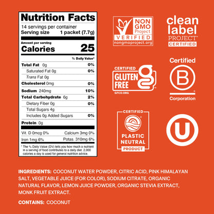 Cure Hydration | Plant-Based Electrolyte Drink Mix | No Added Sugar | FSA-HSA | Dehydration Relief Powder Made with Coconut Water | Non-GMO | Vegan | Pouch of 14 Packets - Blood Orange