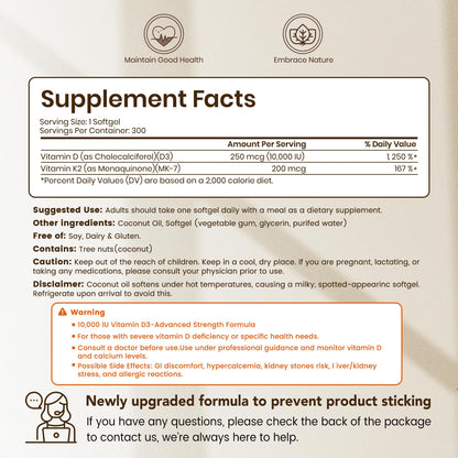 VEV Corefeel Vitamin D3 K2 10,000 IU, 200 mcg MK-7, 300 Coconut Oil Softgels, 2 in 1 Vitamins Supplement D & K (Include MK7), Easy to Swallow