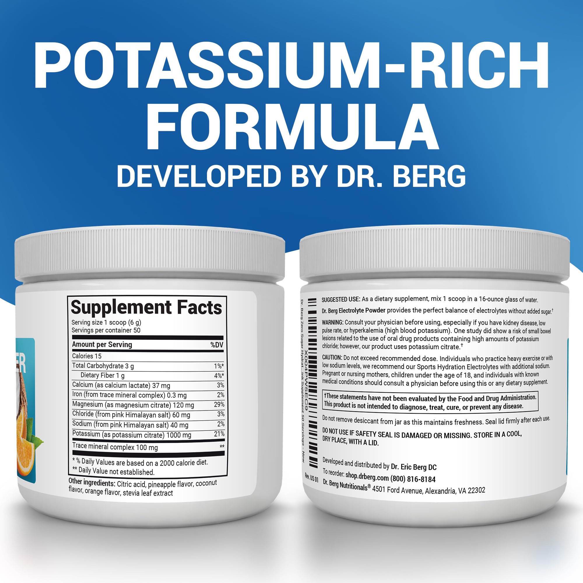 Dr. Berg Zero Sugar Hydration Keto Electrolyte Powder - Enhanced w/ 1000 mg of Potassium & Real Pink Himalayan Salt (NOT Table Salt) - Tropical Coconut
