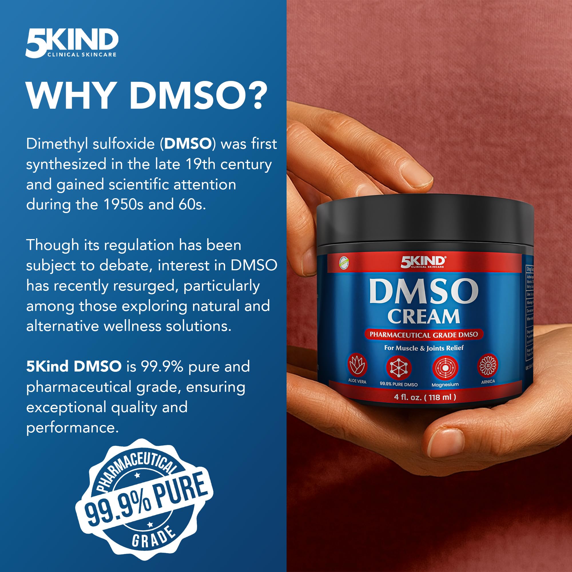5Kind DMSO Cream for Pain Relief 4 fl oz - 99.9% Pure DMSO Pharmaceutical Grade Cream - Aloe Vera, Magnesium, Arnica & Menthol - Topical Muscle and Joint Pain Relief - Registered NDC - Made in USA 5kind clinical skincareBuy Supplements Australia