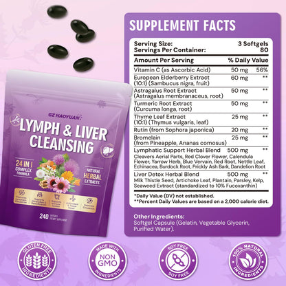 Lymphatic Drainage Supplement, Liver Cleanse Detox & Repair, 24-in-1 Herbal Blend with Echinacea, Dandelion, Burdock, Bromelain, Calendula, Turmeric - Lymph System Support, Less Bloating, 240 Softgels GZ HAOYUAN buy supplements Au