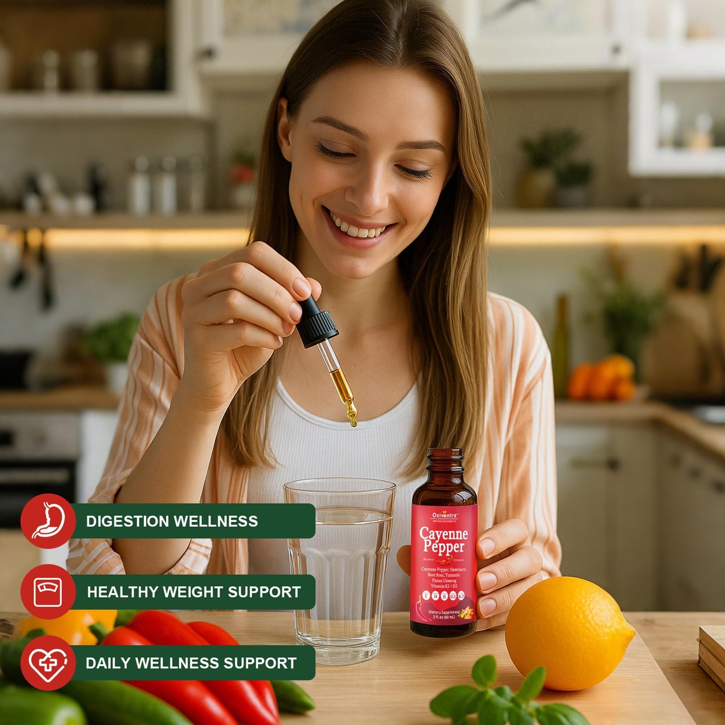 Cayenne Pepper Drops Liquid Supplement Smooth & Sweet Herbal Liquid + Hawthorn Berry, Vitamin D3 K2 Beet Root Powder, Ceylon Cinnamon, Turmeric Curcumin, Organic Panax Ginseng - 2fl oz Oxiventra buy supplements Au