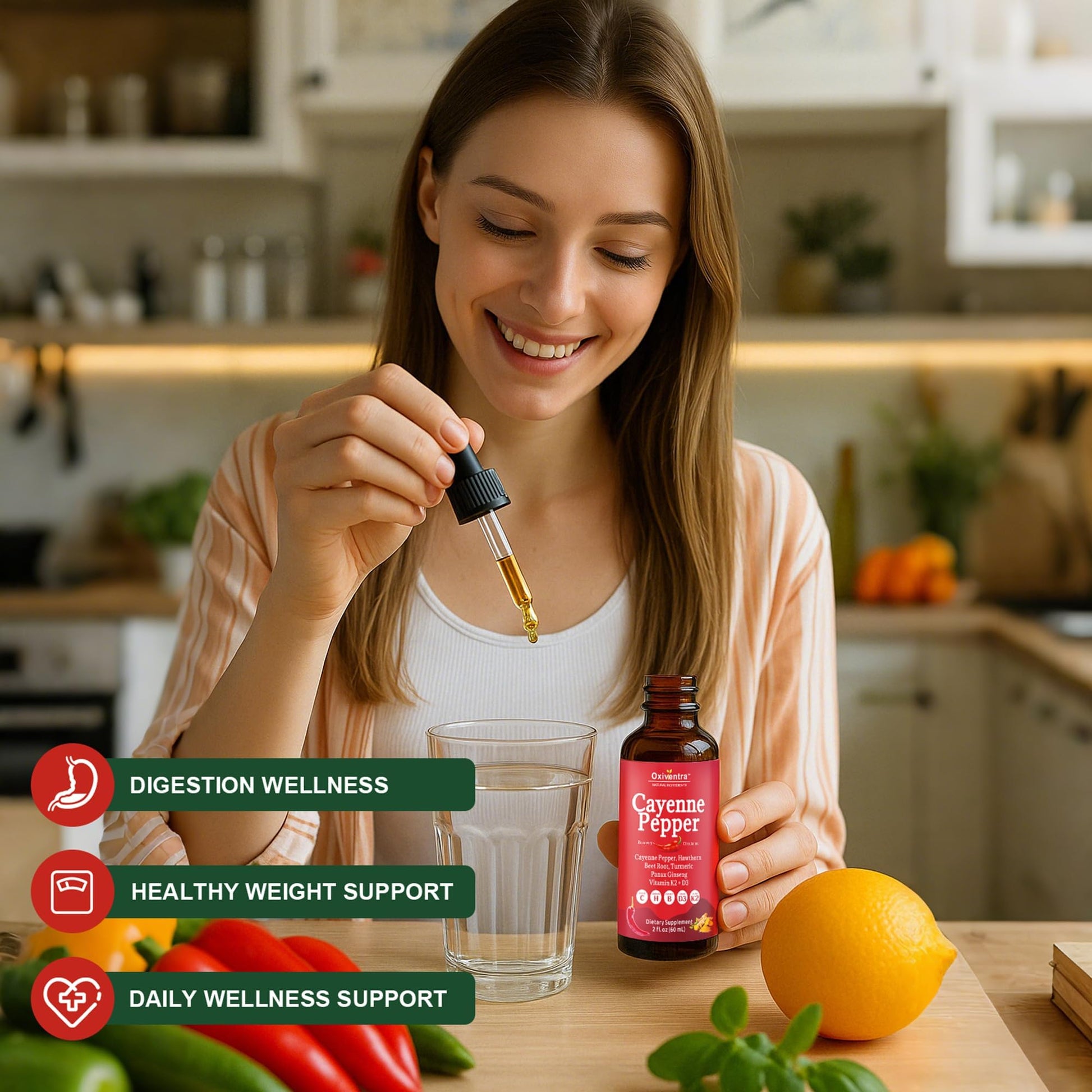 Cayenne Pepper Drops Liquid Supplement Smooth & Sweet Herbal Liquid + Hawthorn Berry, Vitamin D3 K2 Beet Root Powder, Ceylon Cinnamon, Turmeric Curcumin, Organic Panax Ginseng - 2fl oz Oxiventra buy supplements Au