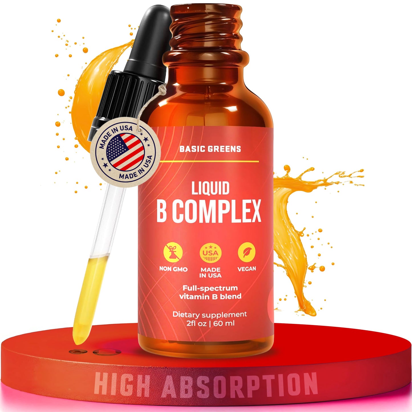 BASIC GREENS Vitamin B Complex Liquid Drops - Strength Sublingual Formula, Maximizes Absorption & Boosts Energy - B1, B2, B3, B5, B6, B7, B9, B12 - Natural Vegan Supplement