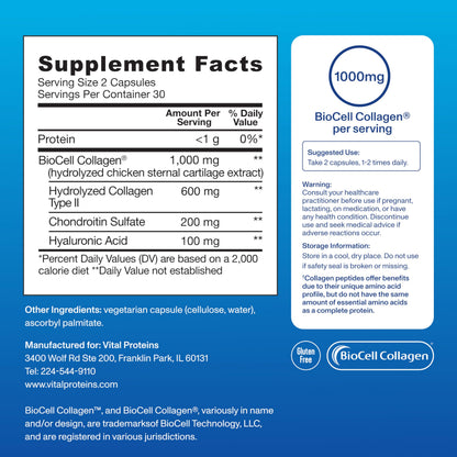 Vital Proteins® Enhanced Collagen Complex Capsules with BioCell Collagen® - Supports Skin Elasticity, Joint Health and Helps Reduce