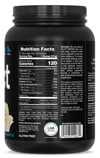 PEScience Select Protein Powder, Whey and Casein Blend, Lean Protein Powder for Women and Men, Low Calorie, Low Carb, Keto Friendly, Gluten Free, Gourmet Vanilla - 27 Servings