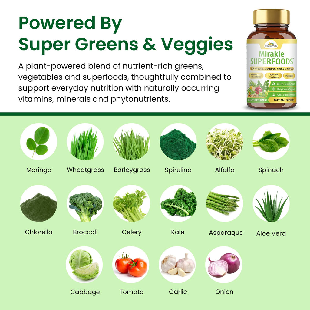 Organic Veda Mirakle Superfoods Greens Capsules - 30+ Daily Greens and Veggies Supplement with Moringa, Spirulina, Chlorella, Turmeric & Herbs, Antioxidants, Resveratrol, Probiotics - 120 Capsule Organic VedaBuy Supplements Australia