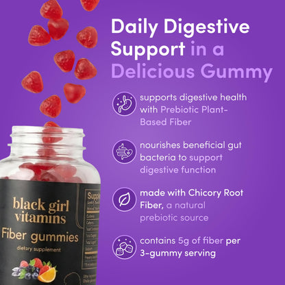 Black Girl Vitamins - Fiber Gummies - Prebiotic for Gut Health & Bloat Relief - Supports Digestion, Regularity & Microbiome Balance - Vegan, Gluten-Free, Halal