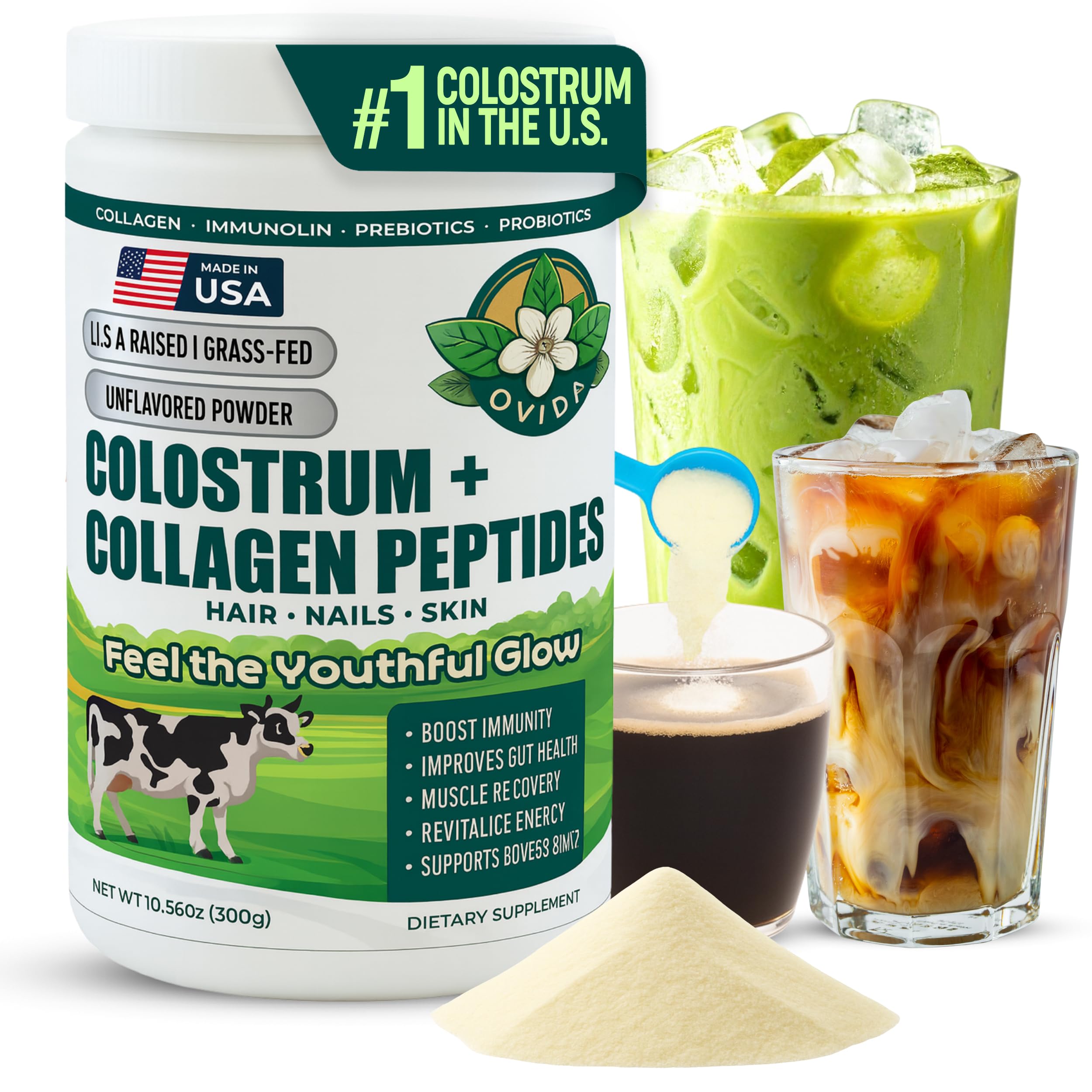 Bovine Colostrum and Hydrolyzed Collagen Peptides Powder Supplement for Women & Men - Supports Gut Health, Joint & Bone Health, Hair Skin Nails - Grass-Fed, Non-GMO, Gluten Free, 300g (30 Servings) OVIDABuy Supplements Australia