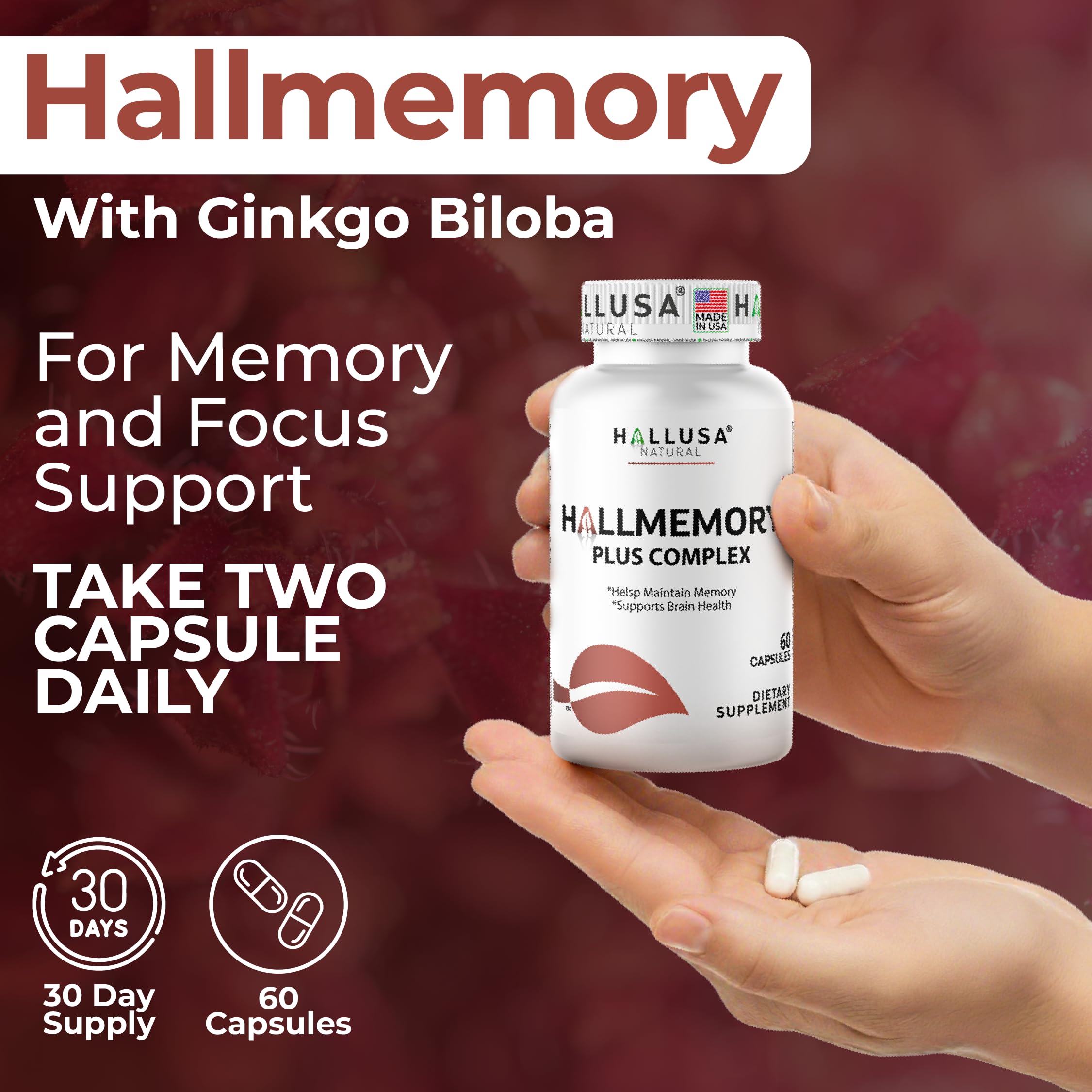 Hallusa Natural Brain Health Supplement Capsules 1680mg, Ginkgo Biloba, B Vitamins & Choline, Memory & Focus Support, Brain Booster for Men & Women, 60 Count Hallusa NaturalBuy Supplements Australia