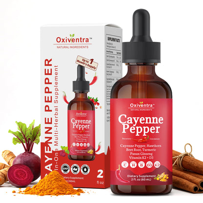 Oxiventra Cayenne Pepper supplement bottle and packaging on a white background