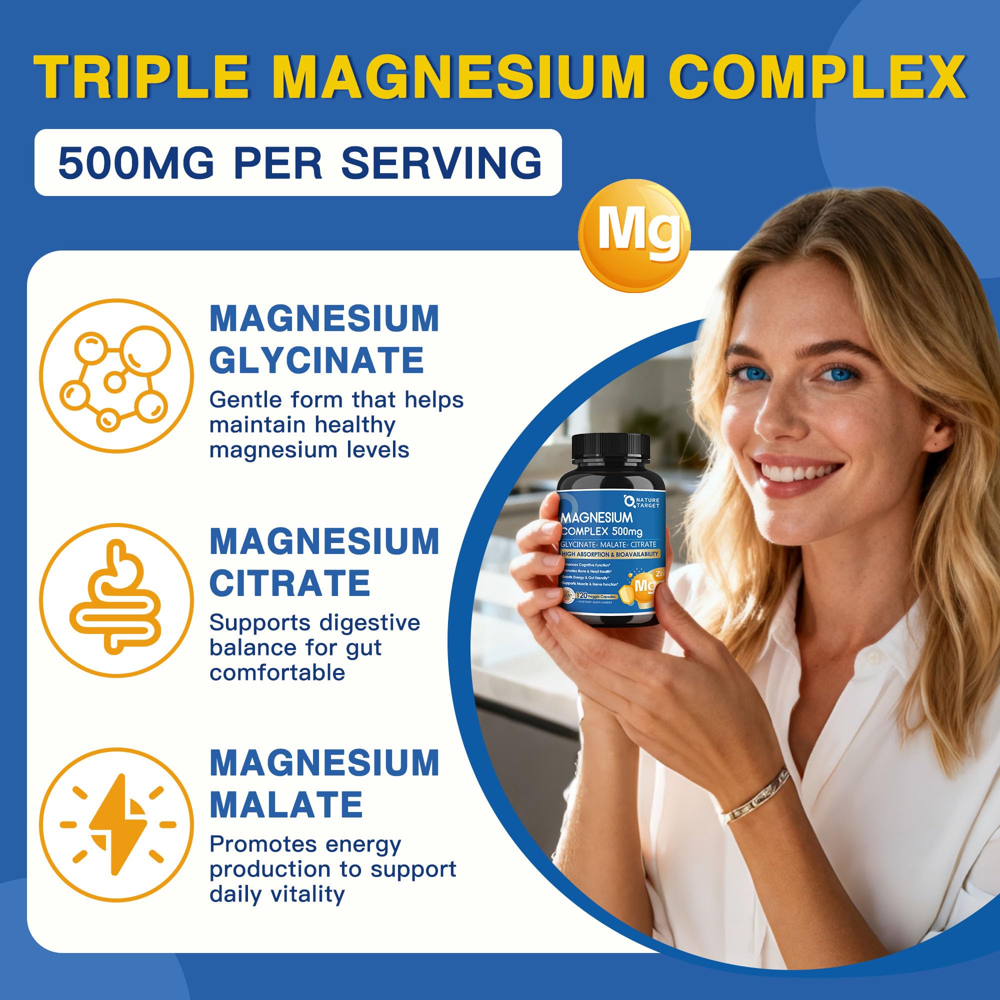 Magnesium Complex 500mg, Magnesium Glycinate, Malate & Citrate - High Absorption Chelated Triple Magnesium Supplement with Zinc, Vitamin D3 for Muscle, Nerve, Bone & Immune Support, Vegan 120 Capsules NATURE TARGET buy supplements Au
