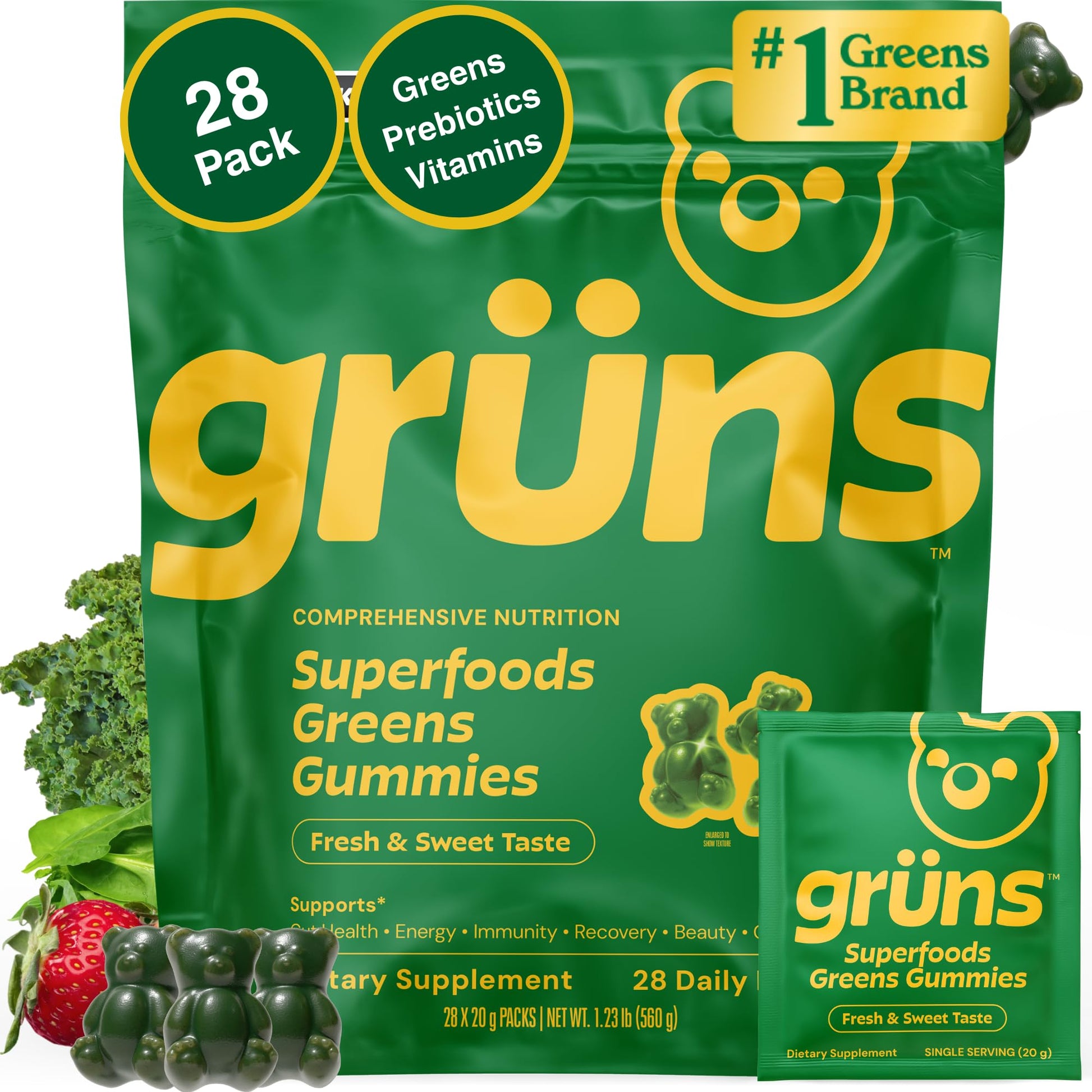 Green package of gröns Superfoods Greens Gummies with text and branding.
