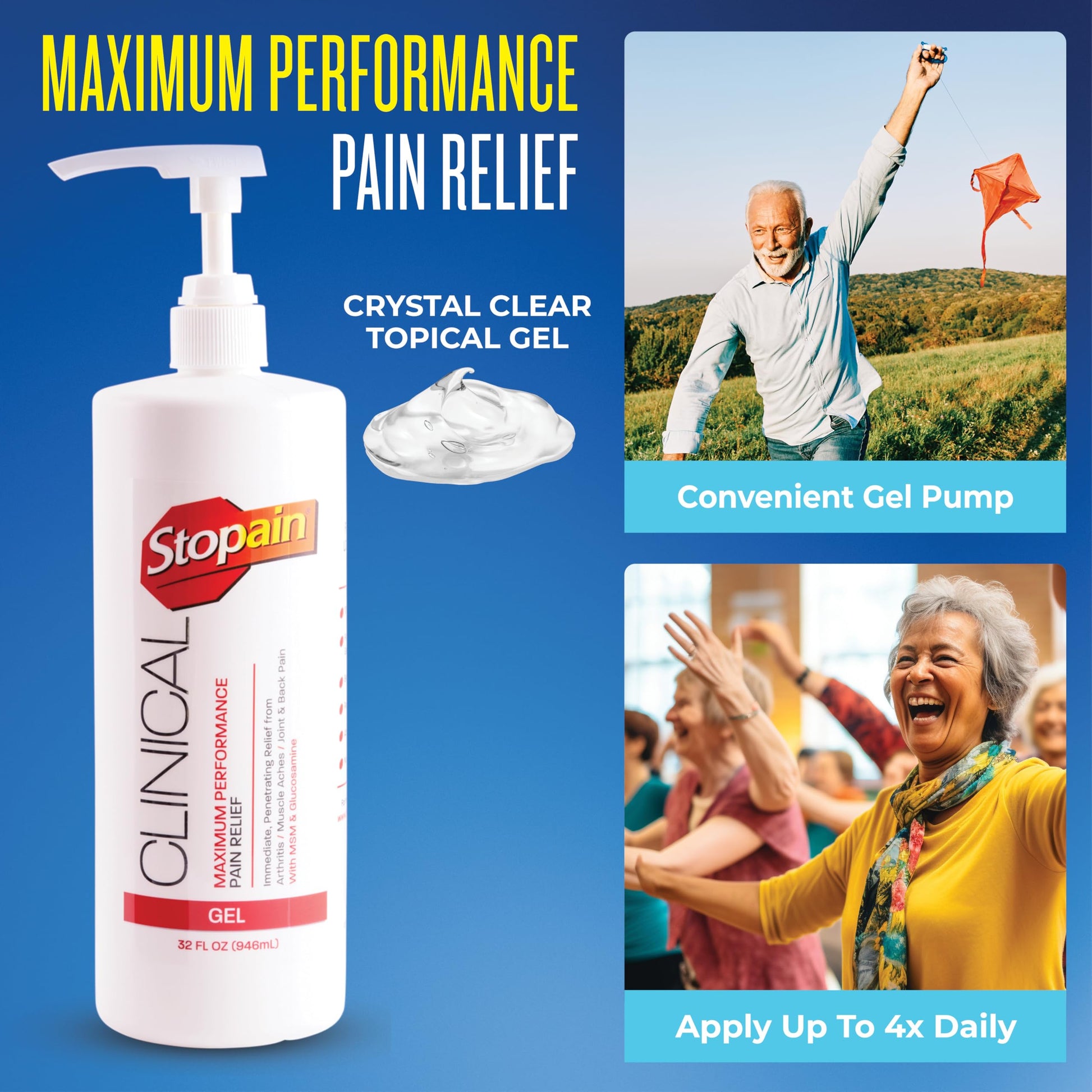 Stopain Clinical Pain Relief Gel 32 oz - Professional Formula for Arthritis, Knee, Back & Muscle Pain - Maximum Strength Gel for Joint & Nerve Pains with 10% Menthol Plus Glucosamine - Made in USA StopainBuy Supplements Australia