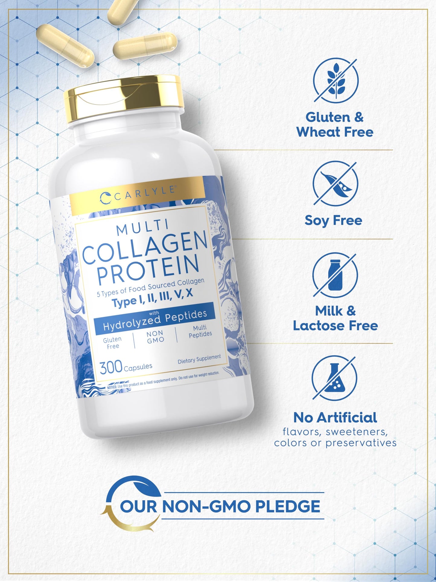 Carlyle Multi Collagen Protein Capsules 2000mg | 300 Count | Type I, II, III, V, X | Collagen Peptide Pills | Keto & Paleo Friendly