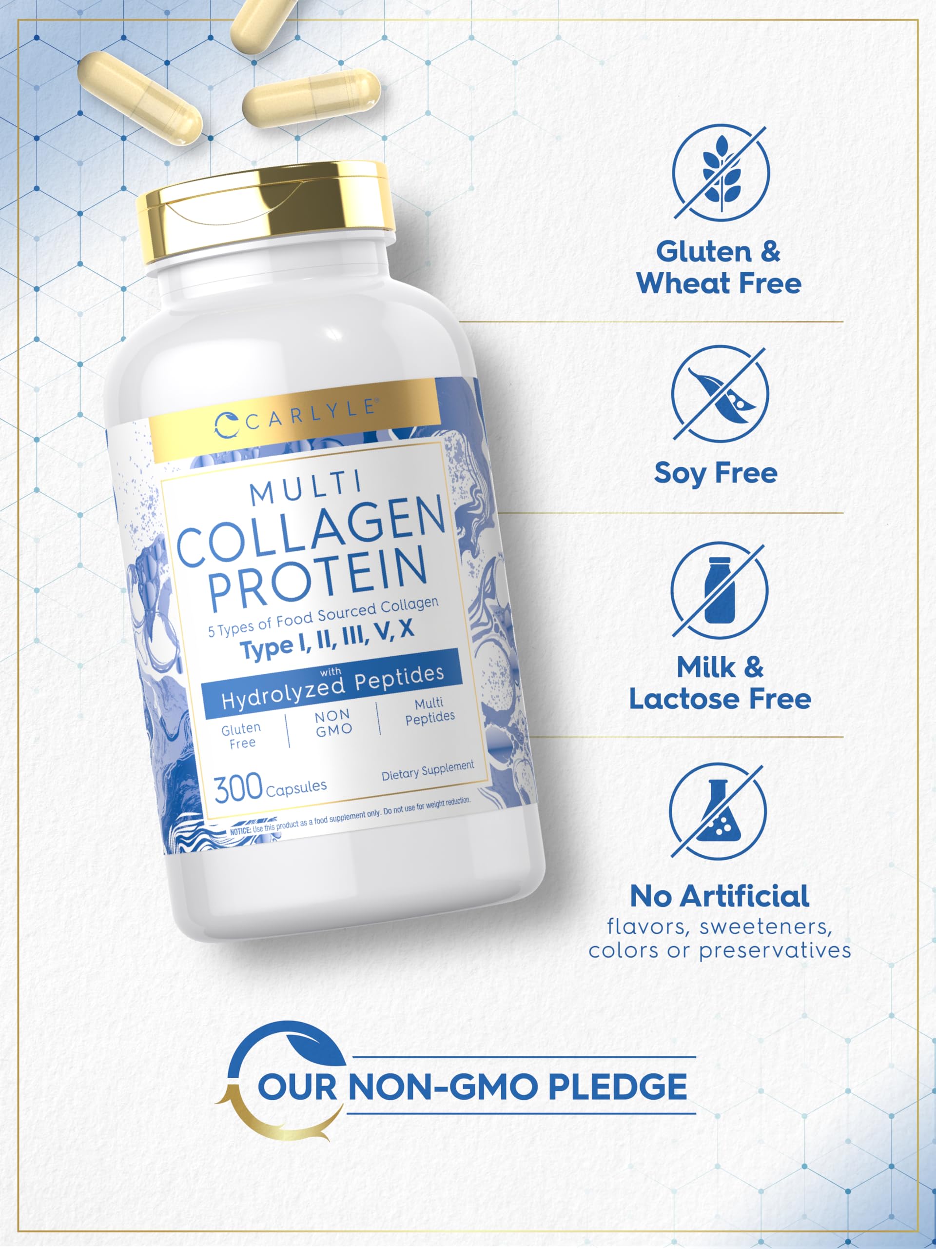 Carlyle Multi Collagen Protein Capsules 2000mg | 300 Count | Type I, II, III, V, X | Collagen Peptide Pills | Keto & Paleo Friendly