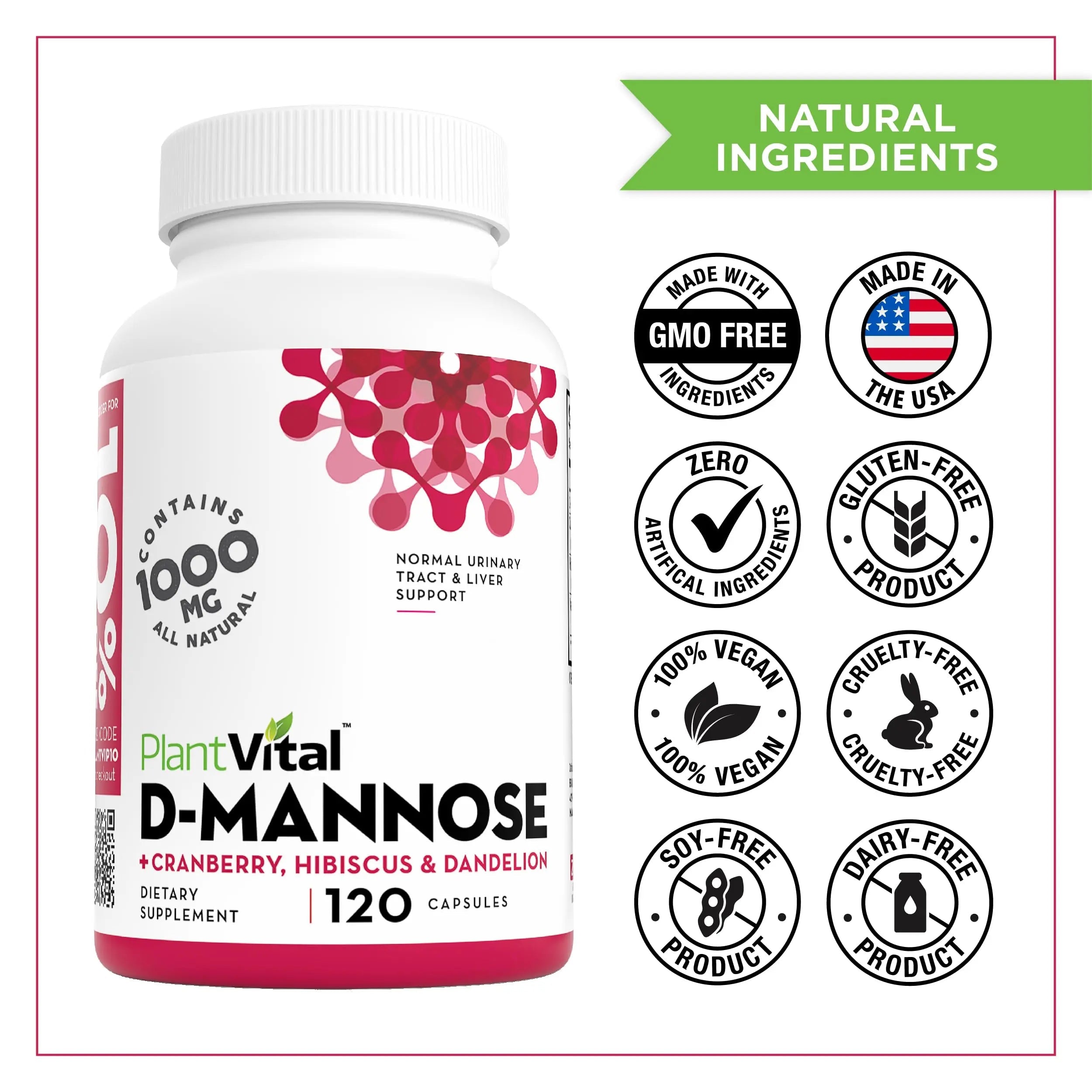 Plantvital D Mannose Capsules with Cranberry - D-mannose 1000mg Capsules - High Potency for Bladder, Kidney and Urinary Tract Support. Cranberry Powder with Hibiscus and Dandelion. 2 Months Supply PlantvitalBuy Supplements Australia