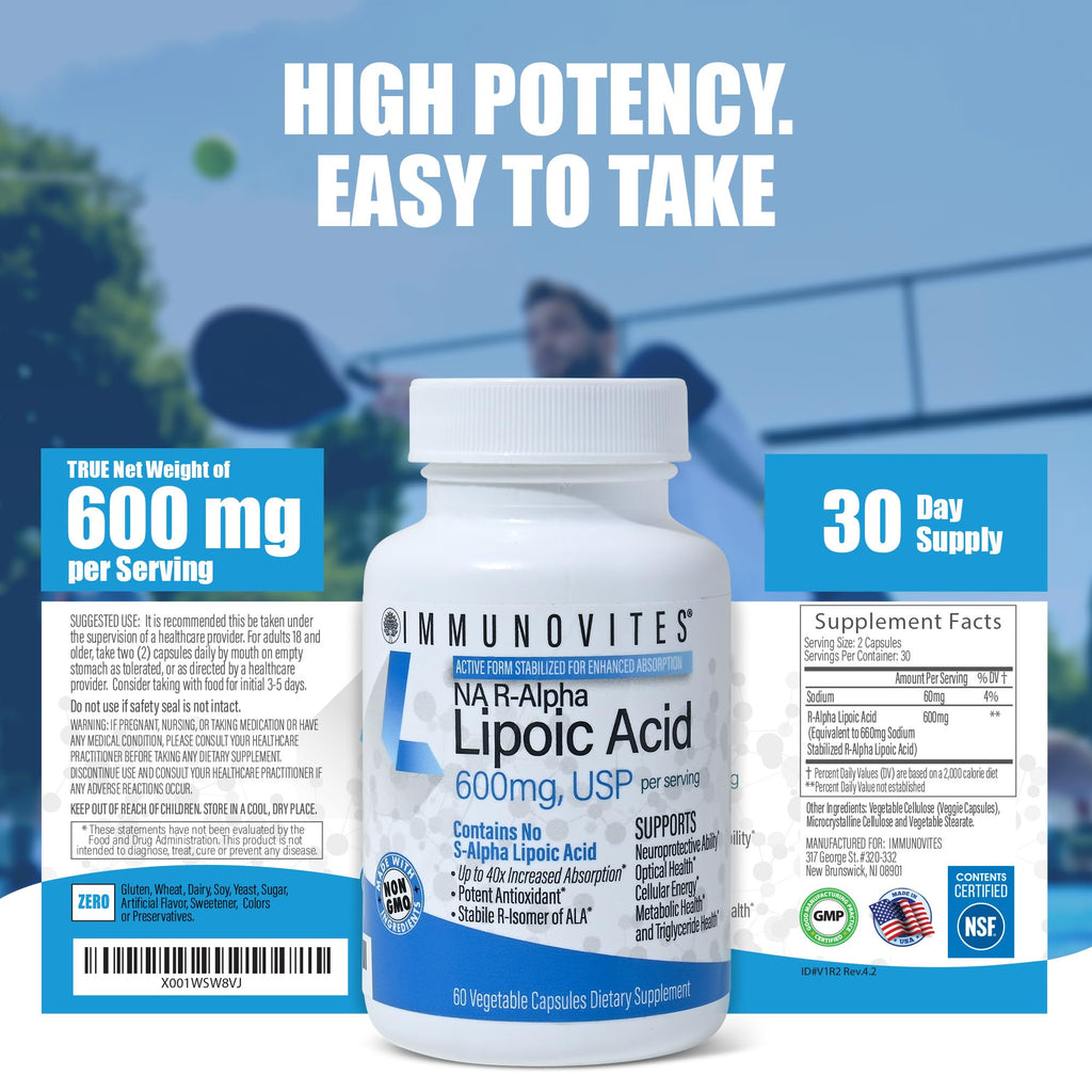 IMMUNOVITES Stabilized R-Alpha Lipoic Acid ((True)) 600mg per Serving [[High Potency & up to 40x Increased Absorption]]