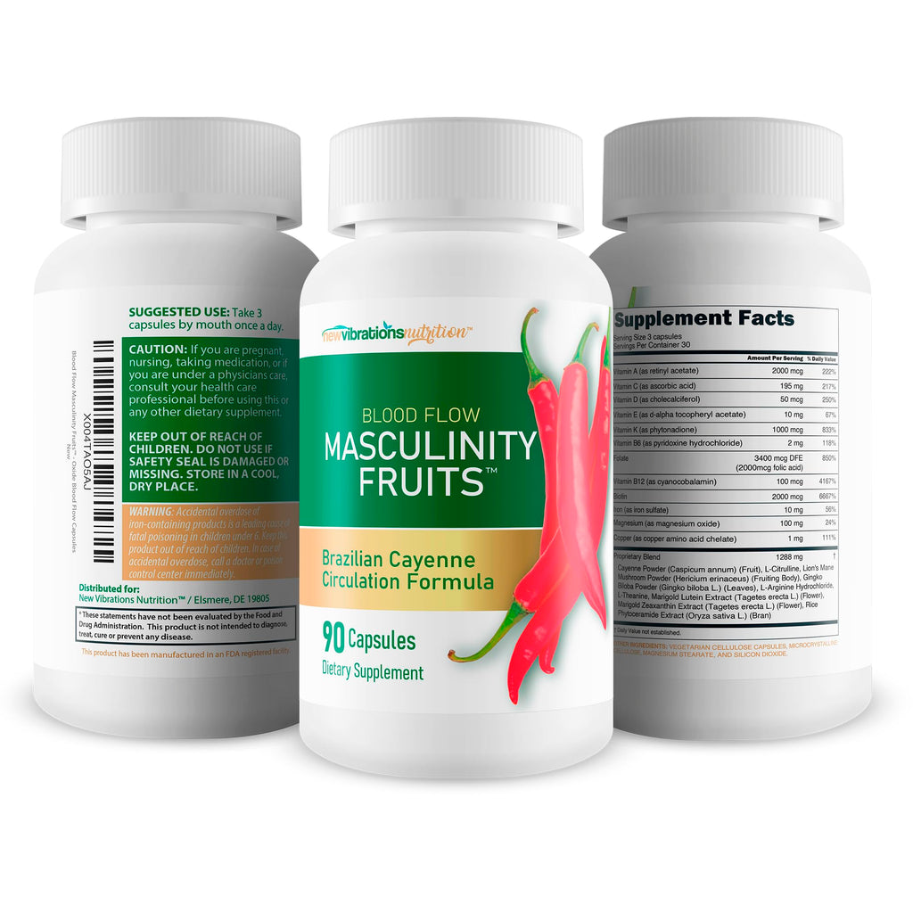 Masculinity Fruits for Bloodflow - Our Best Brazilian Blood Circulation Supplements for Men - Boost Blood Flow Circulation Supplement - Cayenne Pepper Pills Gingko Biloba Blood Flow Vitamins for Men New Vibrations Nutrition buy supplements Au
