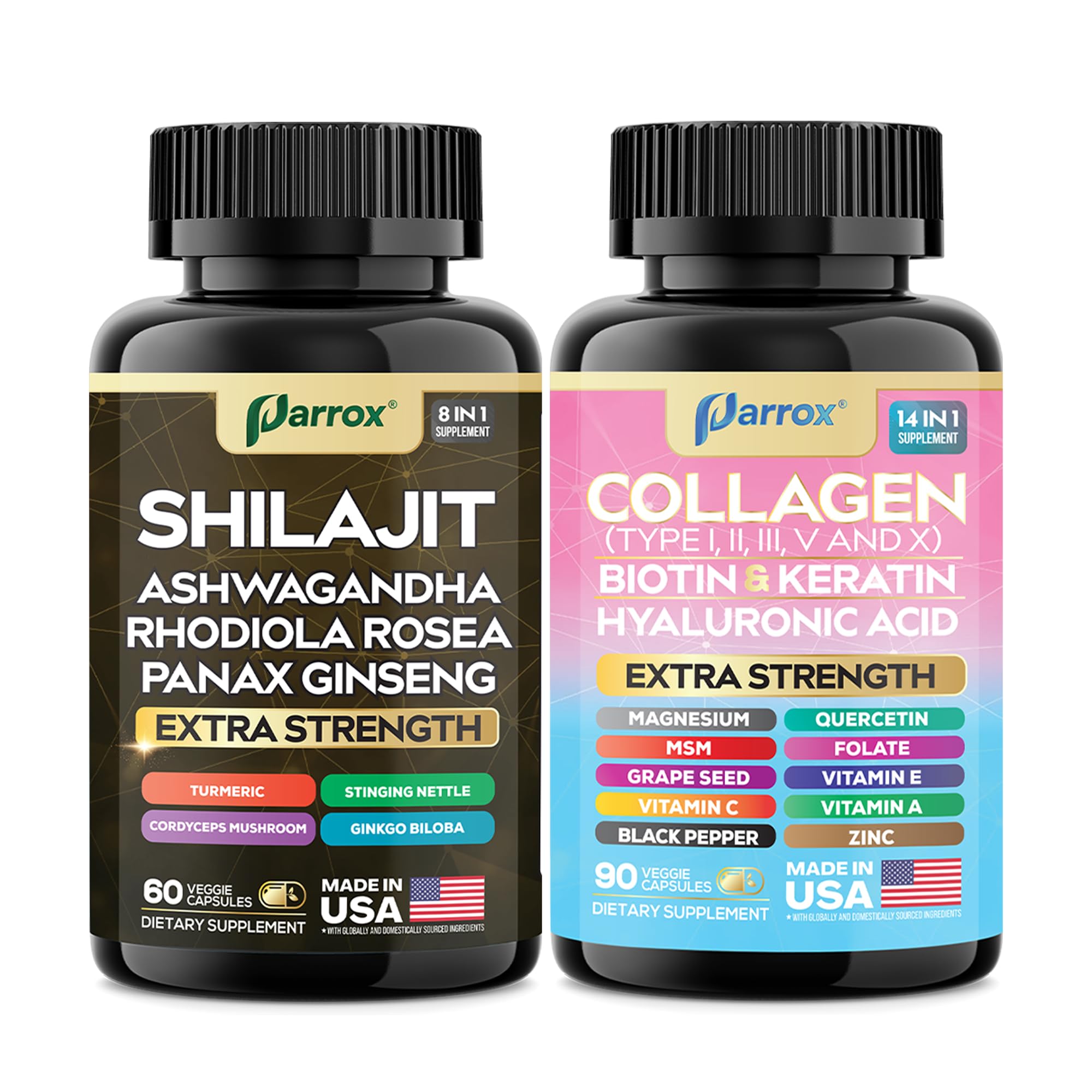 Parrox Adaptogen & Beauty Bundle – Rhodiola, Panax Ginseng, Ashwagandha, Cordyceps, Turmeric, Collagen, Biotin, Keratin, MSM, Hyaluronic Acid, Zinc, Quercetin, Vitamin C, A & E, Folate, Magnesium ParroxBuy Supplements Australia