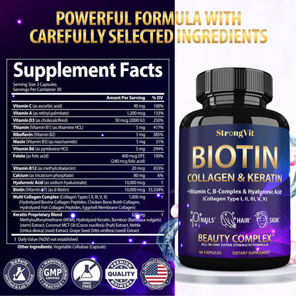 StrongVit Biotin with Hyaluronic Acid, Keratin and Collagen Supplements - 10000mcg for Hair Growth Women and Men
