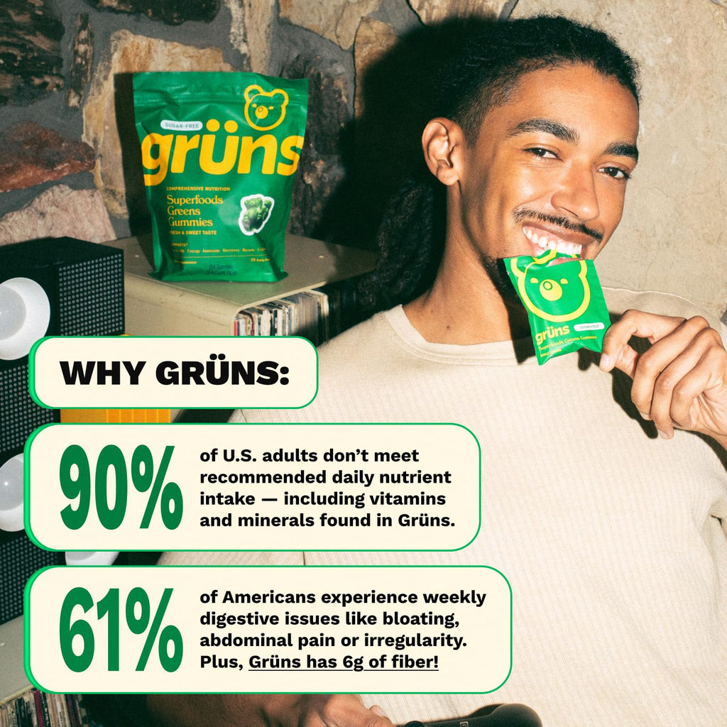 Gruns Adult Super Greens Multivitamin Gummies, Superfood Gummy Vitamins for Women and Men with Spirulina, Chlorella, Adaptogens & Prebiotic Fiber for Digestive Health (28 Count) GrünsBuy Supplements Australia