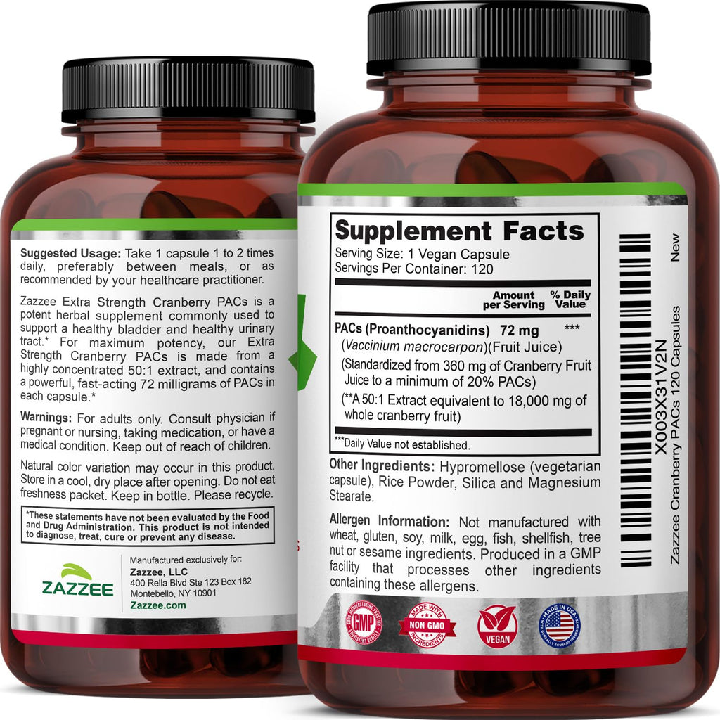 Zazzee Cranberry PACs 72 mg per Capsule, 50:1 Extract, 120 Vegan Capsules, 2X Strength, 4 Month Supply, Fast-Acting, Effective Urinary Tract & Bladder Support