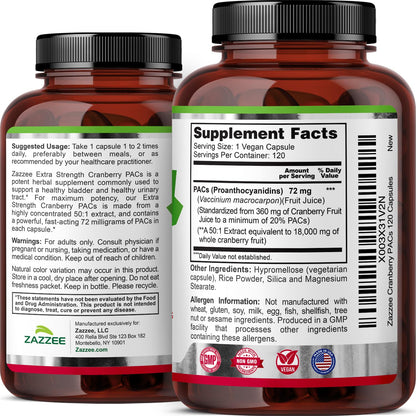 Zazzee Cranberry PACs 72 mg per Capsule, 50:1 Extract, 120 Vegan Capsules, 2X Strength, 4 Month Supply, Fast-Acting, Effective Urinary Tract & Bladder Support