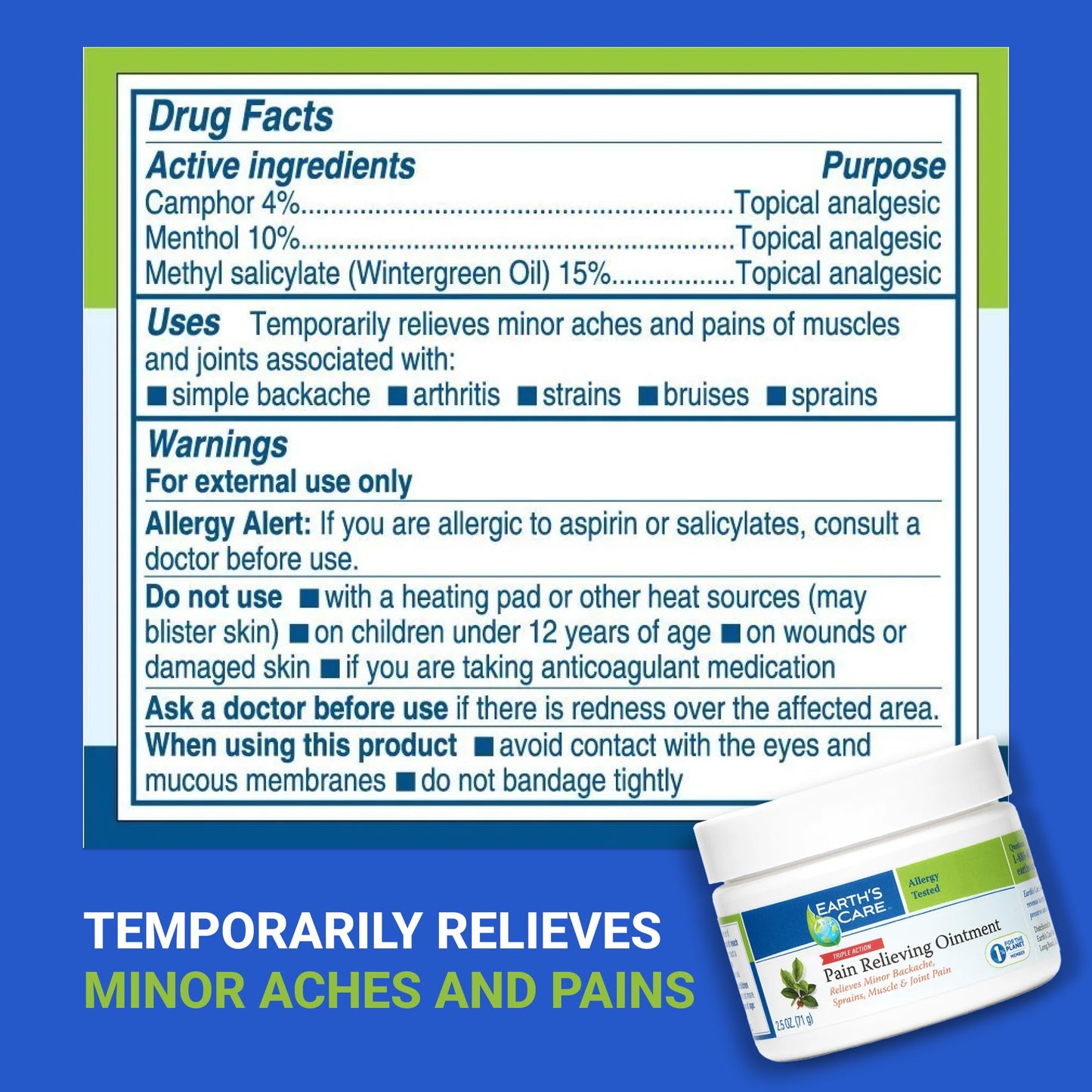 Earth's Care Triple Action Pain Relieving Ointment, No Parabens, Colors or Fragrances, Allergy-Tested 2.5 OZ. (2 Jars) Earth's CareBuy Supplements Australia