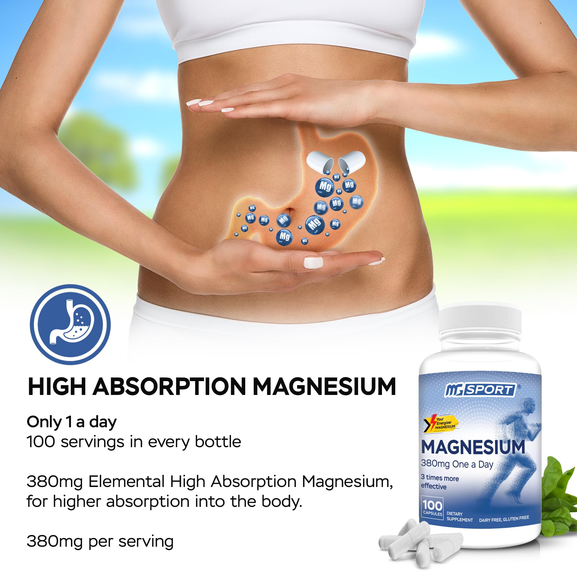 MGSPORT Magnesium Supplement 380mg - High Absorption Magnesium Complex Formula with Vitamins B6, D, E - Supports Muscle Function and Sleep Quality - 100 Servings MgSport buy supplements Au