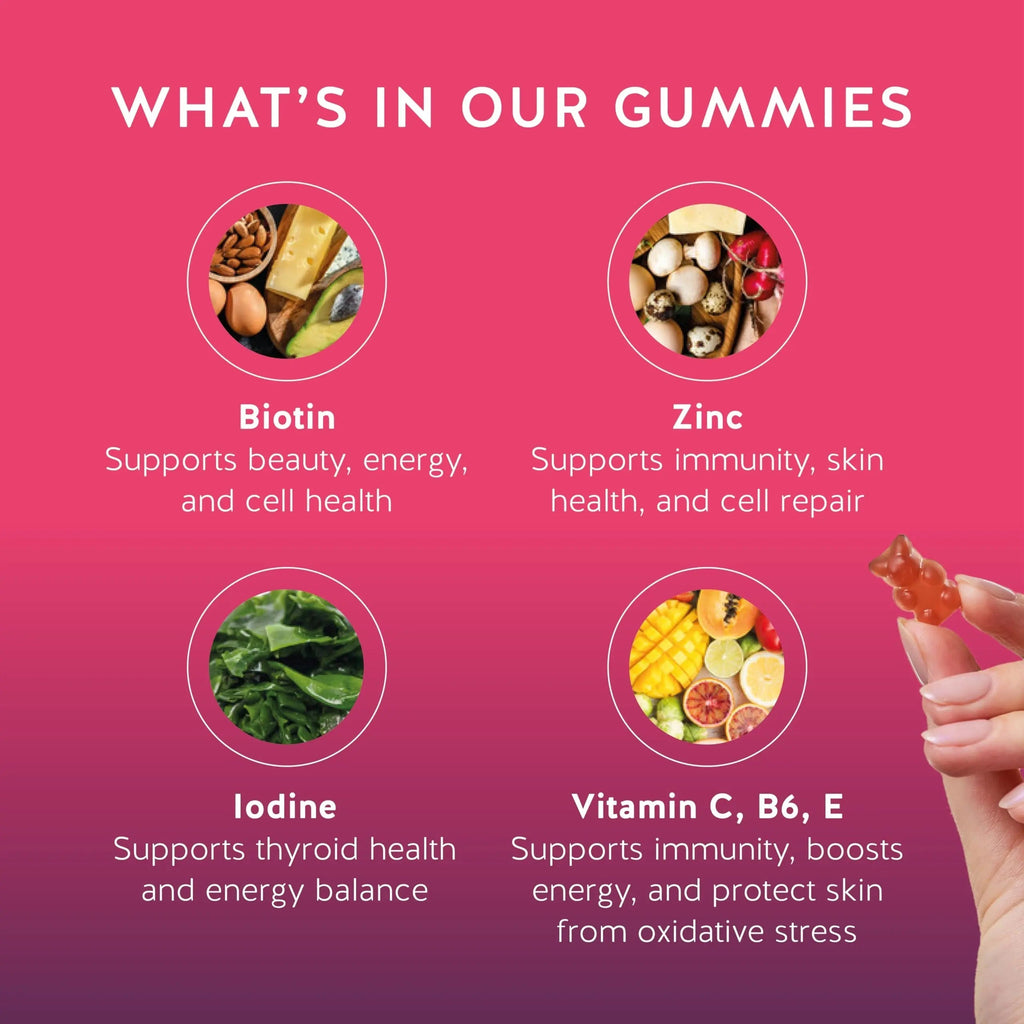 Biotin Gummies for Hair, Skin & Nails. 5,000 mcg High Potency Vegan Vitamins for Faster Hair Growth, Stronger Nails & Healthy Skin. with Vitamins C & E, 90 Gummies Bears with Benefits