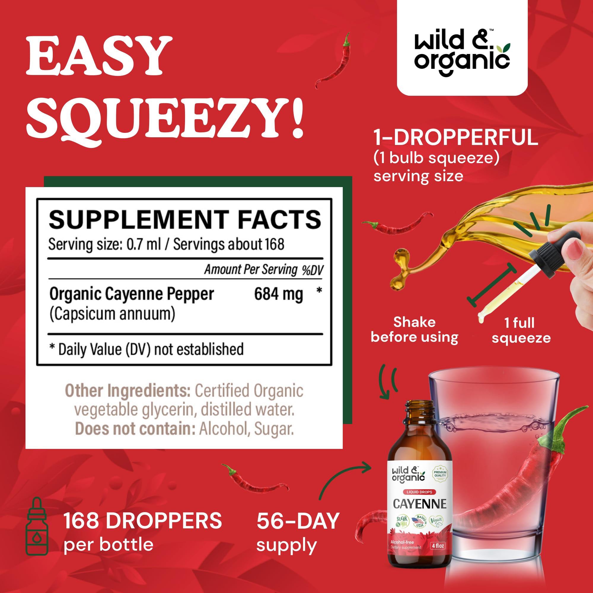 Wild & Organic Cayenne Pepper Tincture - Digestive Support with Capsaicin Extract - Cayenne Pepper Liquid Drops for Overall Well-Being - Unflavored, Vegan, Sugar & Alcohol-Free - 4 fl oz Wild & Organic buy supplements Au