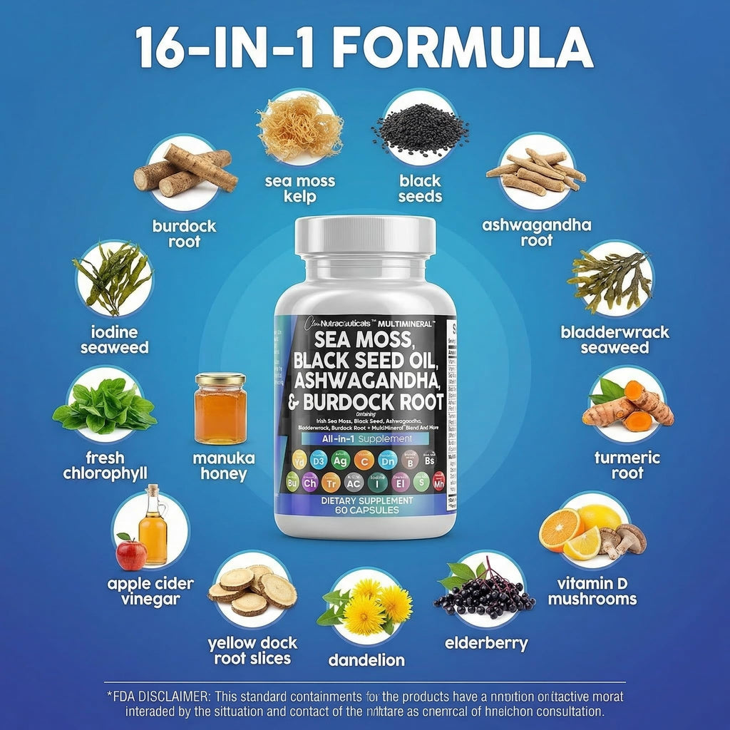 Clean Nutraceuticals Sea Moss Black Seed Oil Ashwagandha Turmeric Bladderwrack Burdock & Vitamin C Vitamin D3 with Elderberry Manuka Dandelion Yellow Dock Iodine Chlorophyll ACV Clean NutraceuticalsBuy Supplements Australia