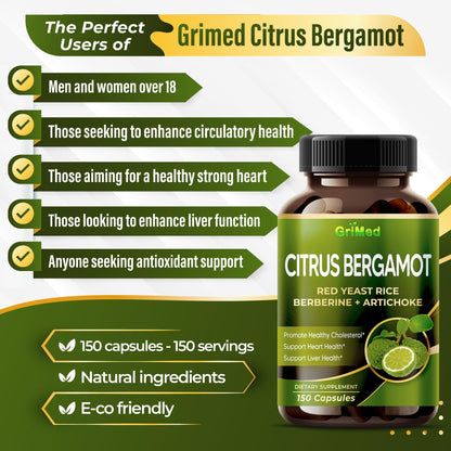 Citrus Bergamot with Red Yeast Rice, Garlic, Artichoke for Healthy Cholesterol, Heart Health (150 Count (Pack of 1))