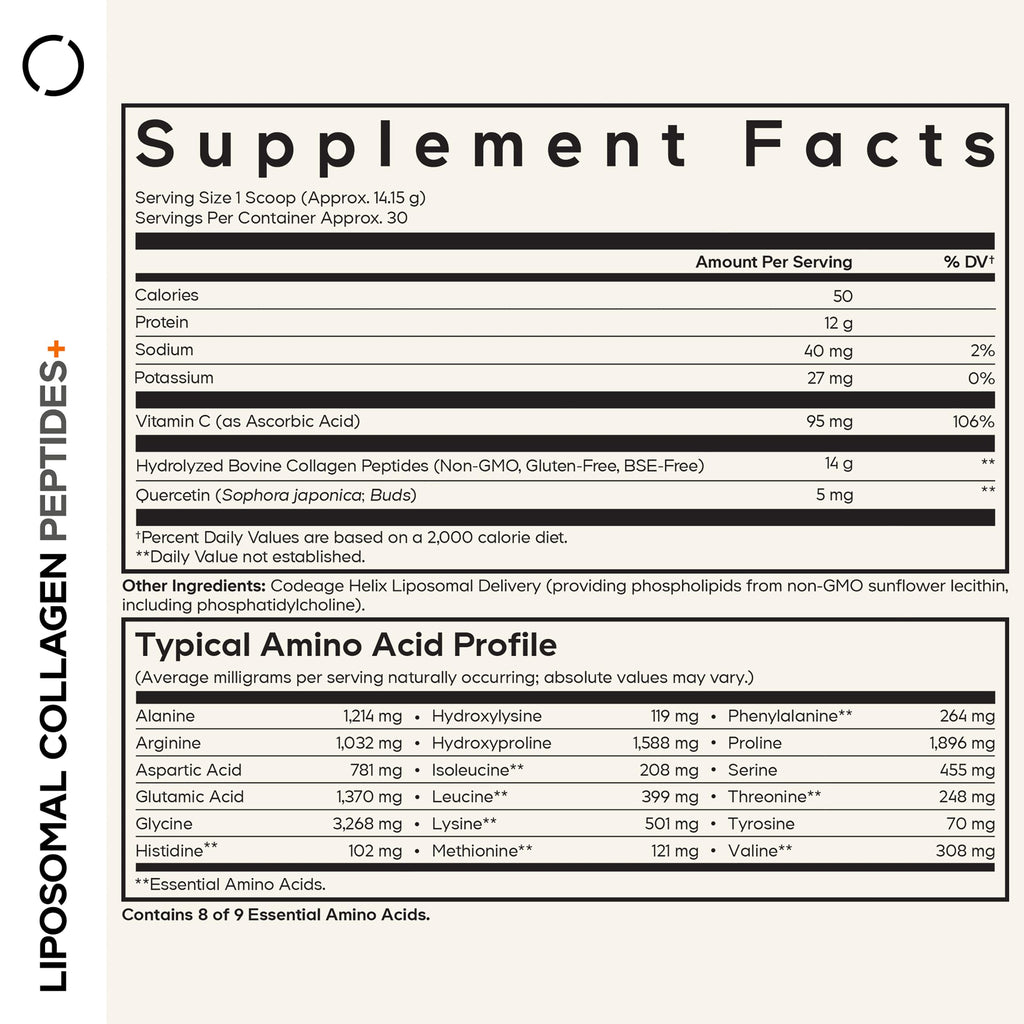Codeage Liposomal Collagen Peptides Powder + Vitamin C & Quercetin, Phospholipid Complex, Grass-Fed Pasture-Raised Hydrolyzed Collagen Type I & III Supplement All-in-One, Non-GMO, 14.97 oz CodeageBuy Supplements Australia