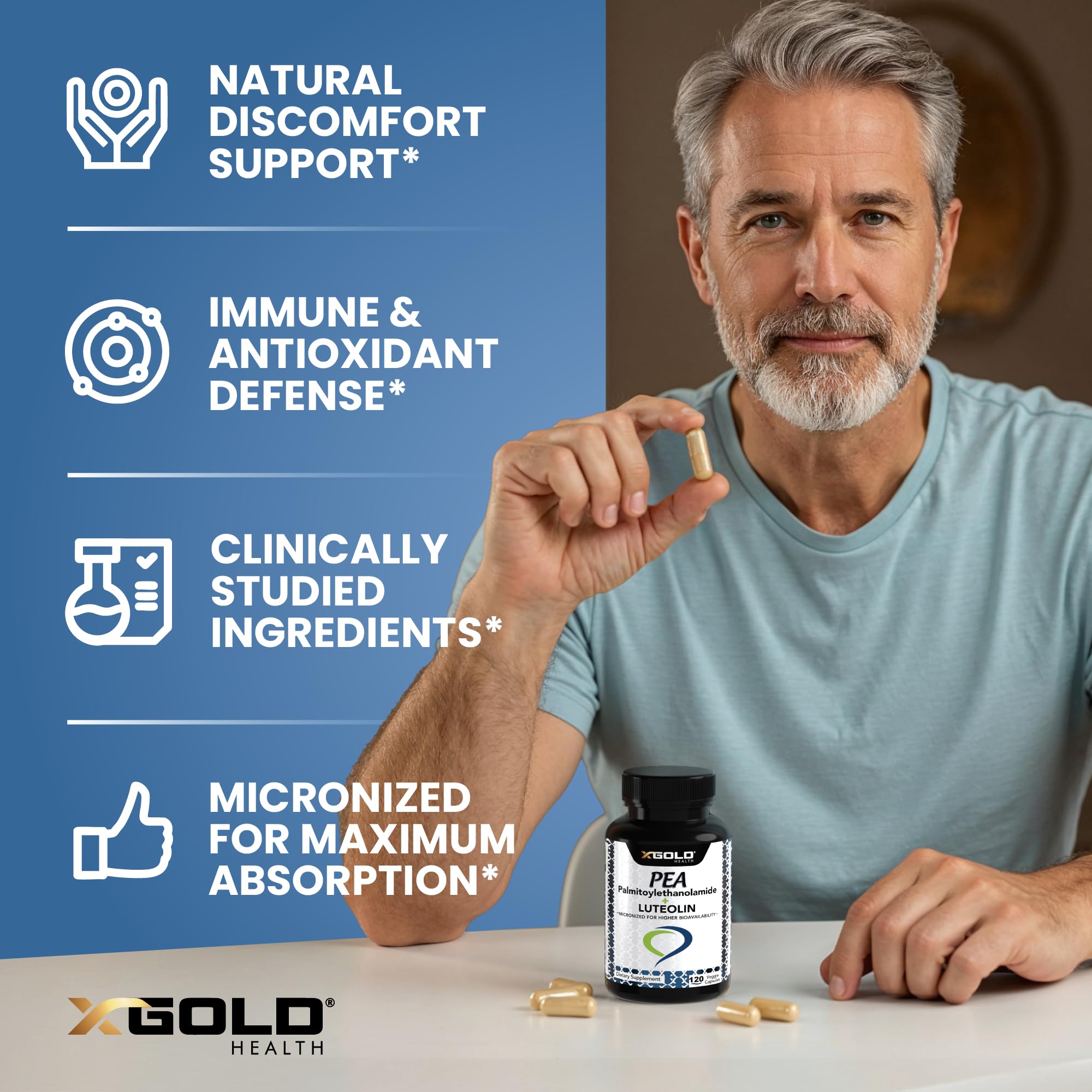 Palmitoylethanolamide 630 mg + Luteolin Standardized 98%- Micronized Pea 99% Highly Purified and Bioavailable - Made in USA - Supplement for Men and Women - 120 Veggie Capsules X Gold HealthBuy Supplements Australia