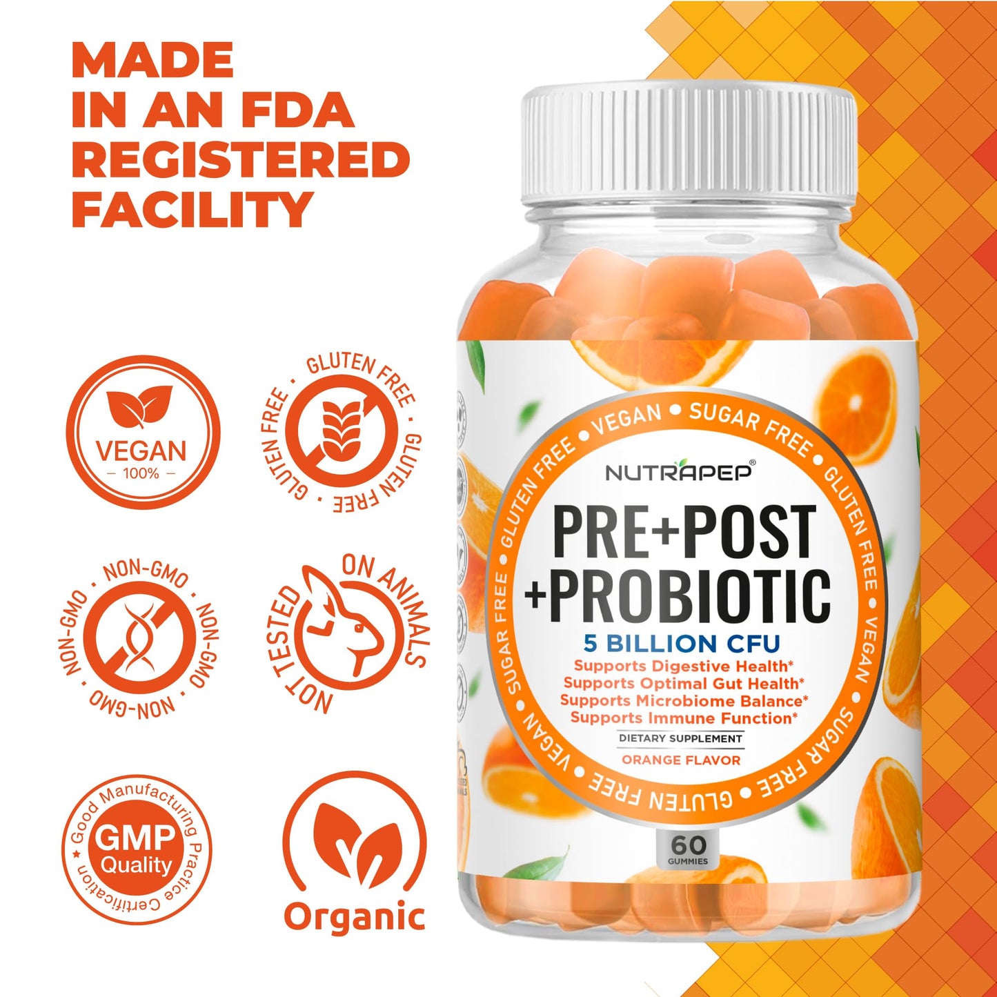 NutraPep Prebiotic Probiotic & Postbiotic Gummies for Women Men & Kids Children - High Potency 5 Billion CFU - Sugar-Free & Gluten 60 Count (Pack of 2)