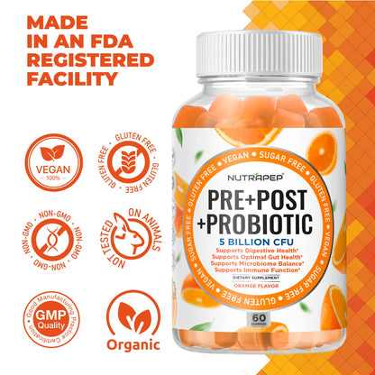 NutraPep Prebiotic Probiotic & Postbiotic Gummies for Women Men & Kids Children - High Potency 5 Billion CFU - Sugar-Free & Gluten 60 Count (Pack of 2)