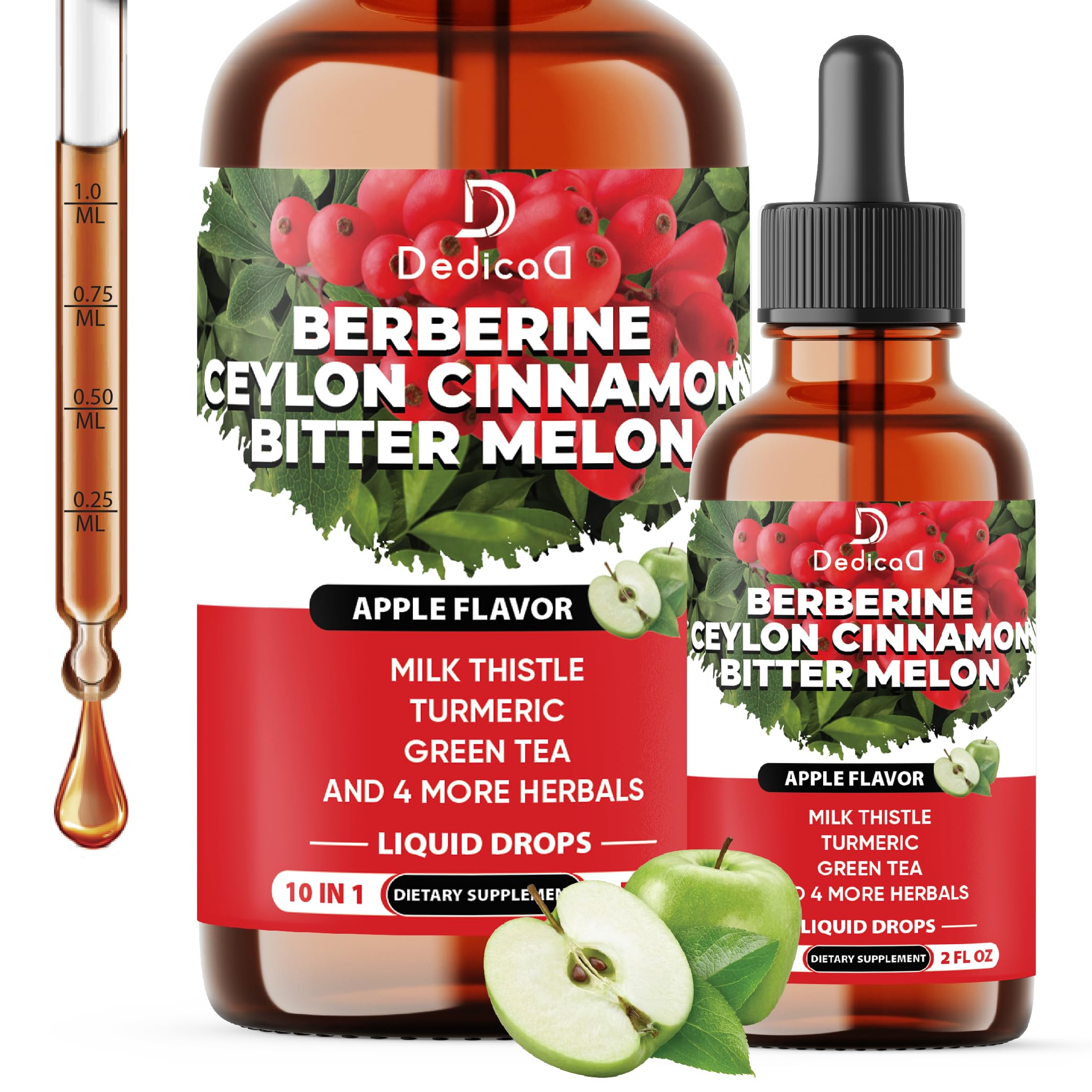 DedicaD Berberine Ceylon Cinnamon Bitter Melon liquid drop bottles with packaging on a white background.