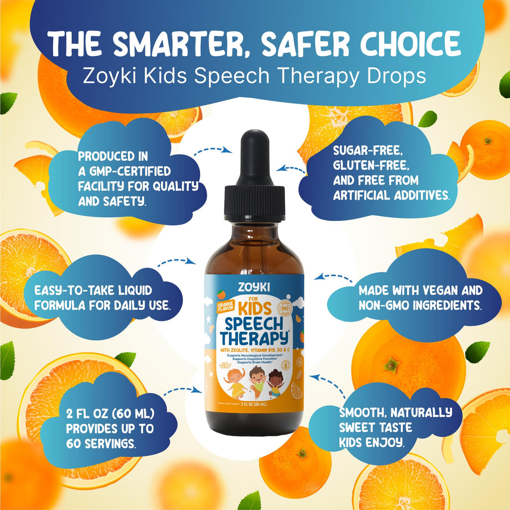 Zoyki Speech Therapy Drops for Kids - Speech Support Supplement for Communication Delay Cognitive Function Language & Brain Development with Zeolite Vitamins B12 D3 C - Sugar Free Gluten-Free Vegan ZoykiBuy Supplements Australia