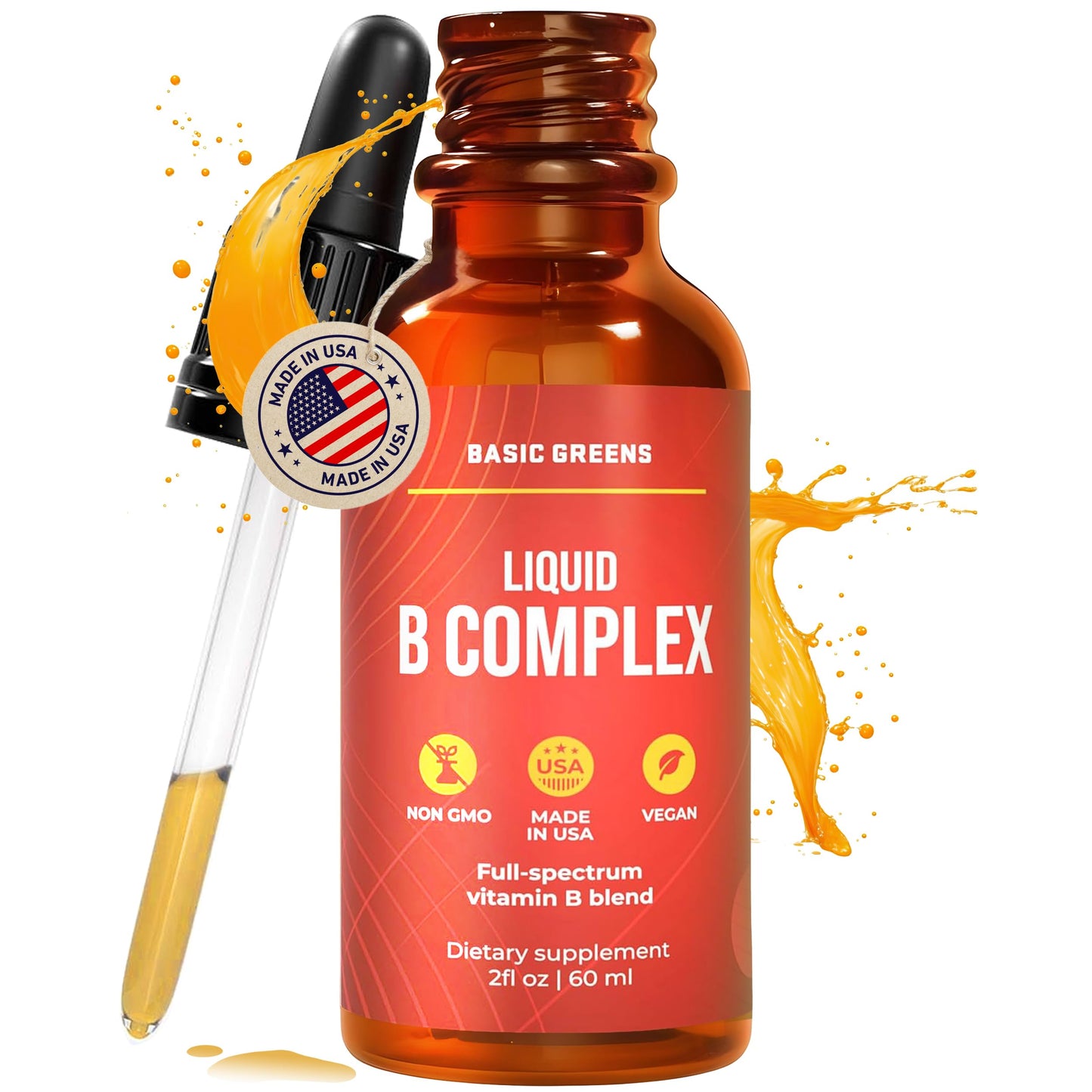 BASIC GREENS Vitamin B Complex Liquid Drops - Strength Sublingual Formula, Maximizes Absorption & Boosts Energy - B1, B2, B3, B5, B6, B7, B9, B12 - Natural Vegan Supplement