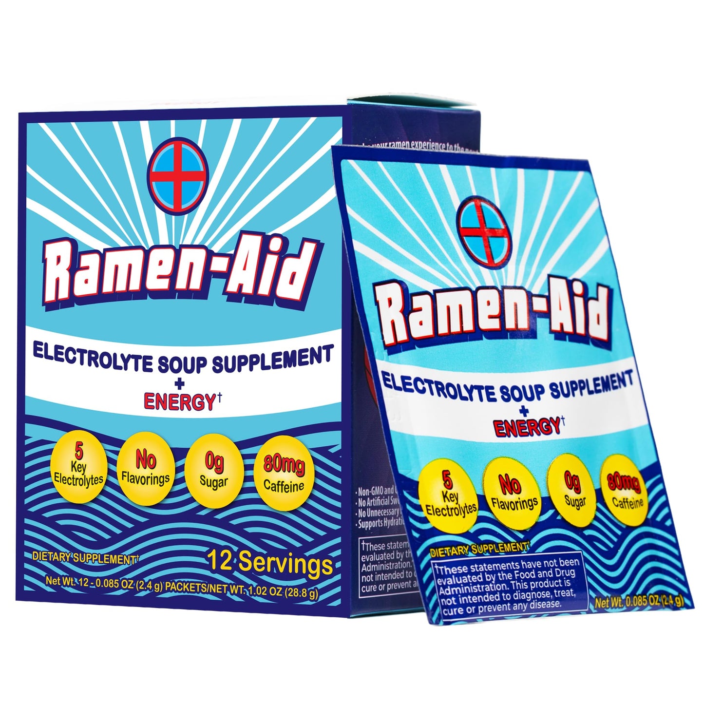 Two packages of Ramen-Aid electrolyte soup supplement on a white background
