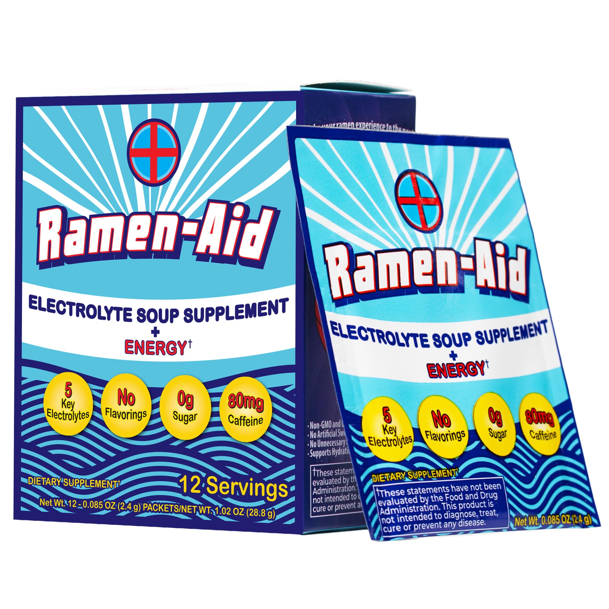 Two packages of Ramen-Aid electrolyte soup supplement on a white background