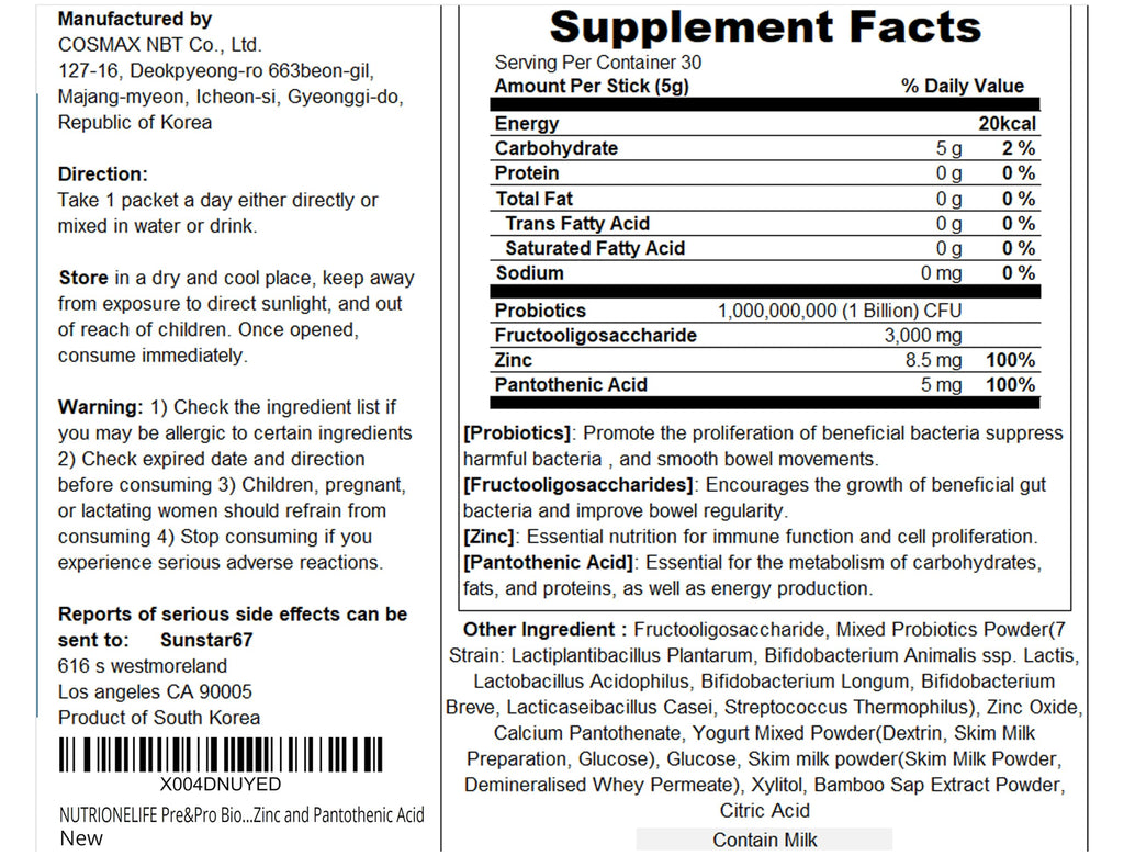 NUTRIONELIFE Pre&Pro Biotics, 1Billion CFU, Powder Type Korea Probiotics, Multi-Strain Probiotic Blend, Supports Digestive Wellness,
