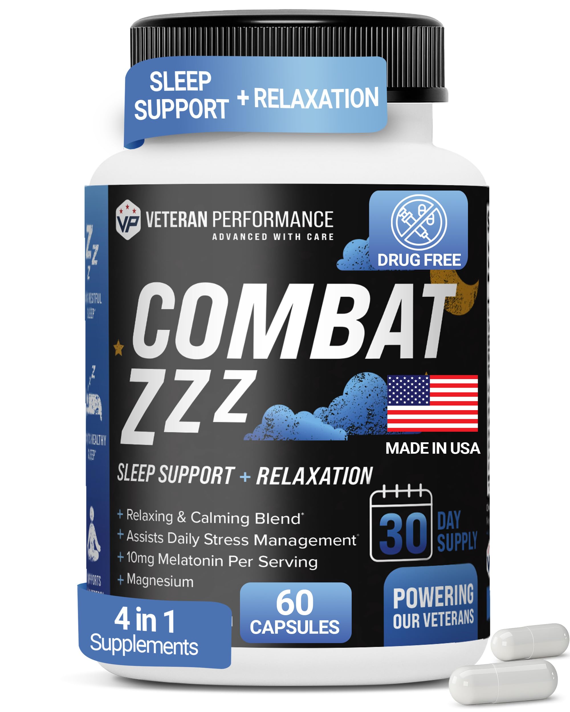 Combat ZZZ supplement bottle with blue and black label on a white background